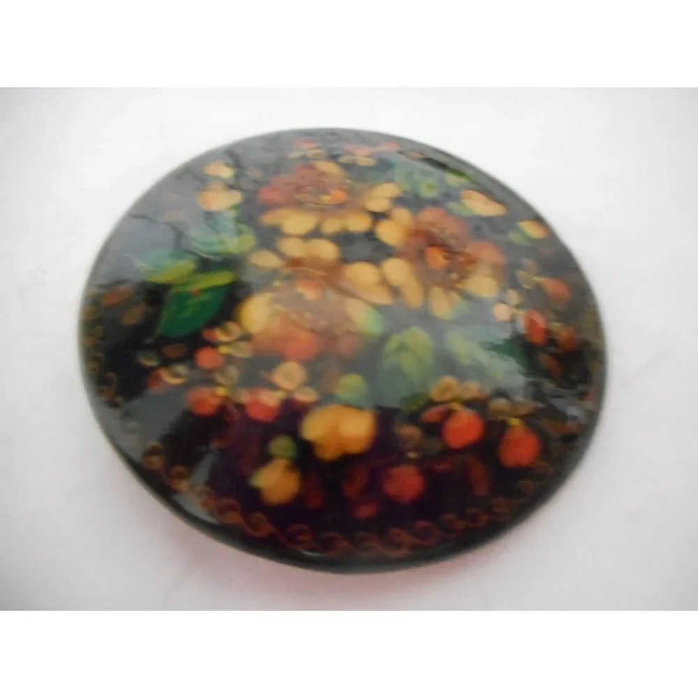 Vintage Hand painted Signed Russian Floral Lacquer Pin Brooch